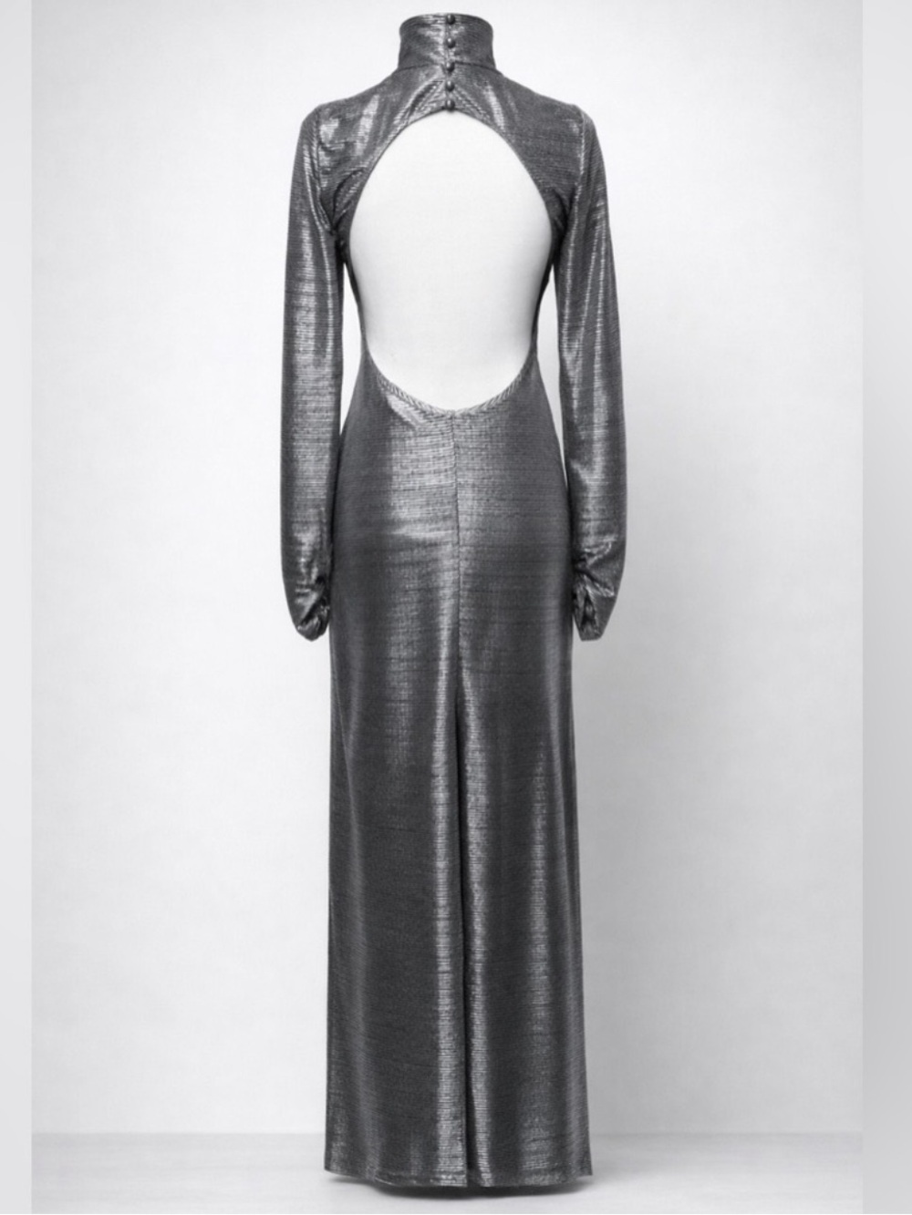 Free People Metallic Bodycon Open Back Maxi Dress Silver Long Sleeve M - Picture 2 of 6
